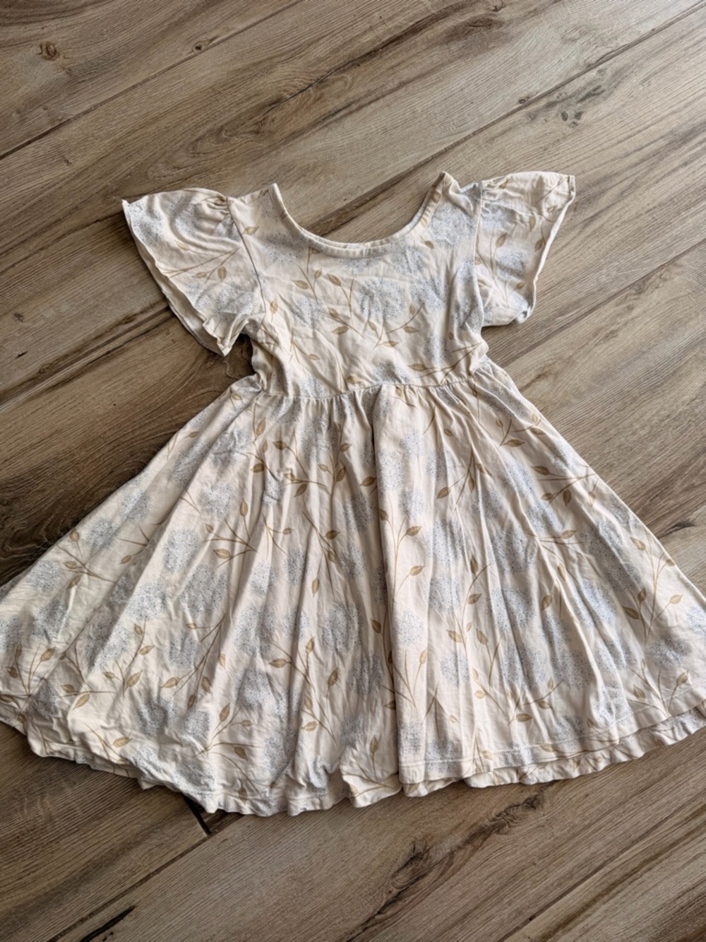 Girls Cream Floral Flutter-Sleeve Cotton Dress